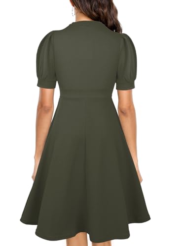 Image of Mokayee Womens Summer Short Puff Sleeve Casual Semi-Formal Fit and Flare Church Wedding Guest Work Dresses with Pockets