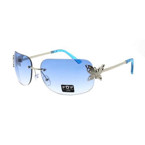 Pop Fashionwear Rimless Rectangle Y2k Rhineston Studd Butterfly Fashion Casual Sunglasses
