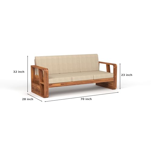 Image of Sheesham Wooden 3 Seater Sofa for Living Room | Solid Wood Sofa with Side Newspaper Holder | Rosewood Sofa Set for Home & Office | Lounge (Honey Finish, 3 Seater)