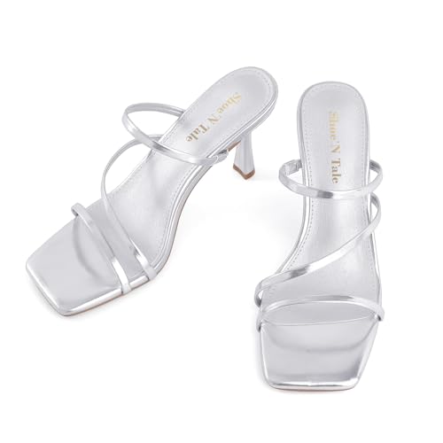 Image of Shoe'N Tale Strappy Kitten Heels For Women Stiletto Mules Square Open Toe Slip On Sandals