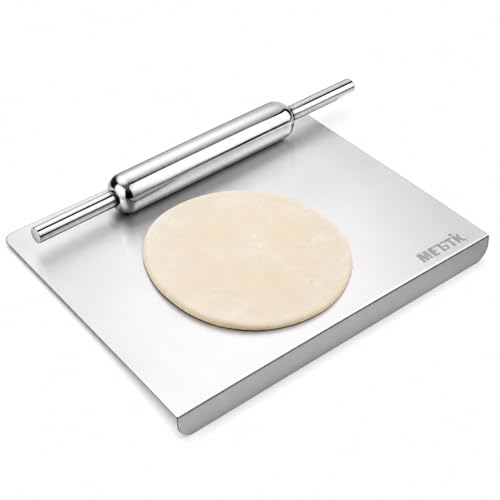 METSTIK Stainless Steel Chopping Cutting Pad with Rolling Pin for Kitchen 41 X 31 Cm Stainless Steel Cutting Board, Steel Chopping Board with Rolling 