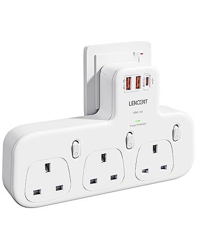 LENCENT 3 Way Plug Extension with PD 20W USB-C & 2 USB-A QC 3.0, Multi Plug Adaptor UK with Individual Switches