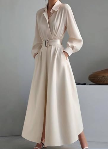 Women's Summer Apricot Plain Elegant Casual V-Neck Puff Long Sleeve Belt Flowy Party Maxi Dress with Pockets2
