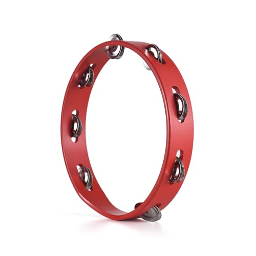 HXYIG 10-inch Tambourine for Adults Pleasant Jingle Sound Red Hand Cranked Bell Rings Wooden Metal Bell Sound Percussion Instruments Home School Party Supplies Single Row Wooden Tambourine