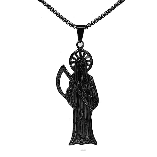 GXLYFG Santa Muerte Necklace Diamond 14K Gold Plated Santa Muerte Pendant Jewelry With Sickle Holiday Gift (Black 220)