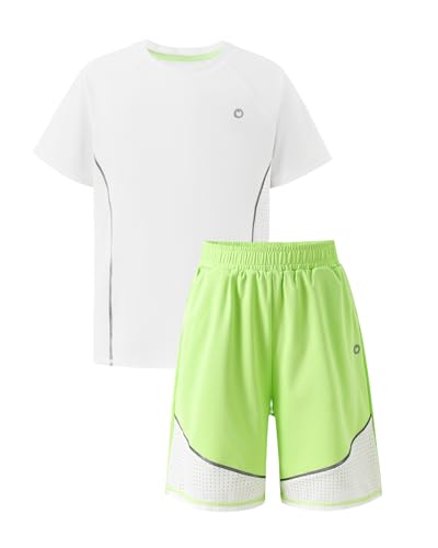PATPAT Kids Quick-Dry T-Shirt & Shorts Set, 2-Piece Instant-Cooling UPF 100+ Activewear Outfit for Boys Girls, Breathable Athletic Sportswear, Flash Green, Size US14/XL