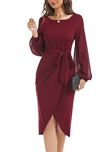 HELYO Women's Elegant V-Back Chiffon Long Sleeve Sheath Dresses Belted Ruched Casual Work Cocktail Party Midi Dress3