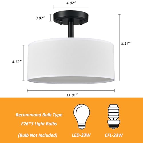 Image of Modern 3 Light Black Drum Semi Flush Mount Ceiling Light Fixture | Ceiling Mount for Hallway Bedroom Entryway Foyer Office