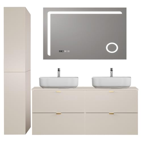 Lomadox Badezimmer Badmöbel Set 3-teilig mit 120 cm Waschtisch in Kaschmir matt, DURANGO-56, inkl. Keramikwaschbecken & LED-Spiegel
