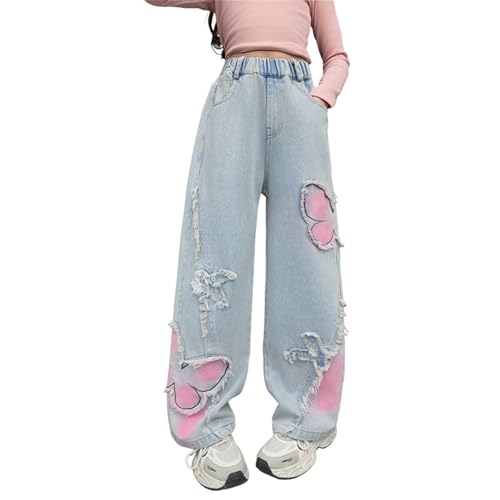 Girls Baggy Jeans Butterfly Patchwork Denim Pants Raw Hem Jeans High Waisted Wide Leg Denim Pants Casual Loose Trousers