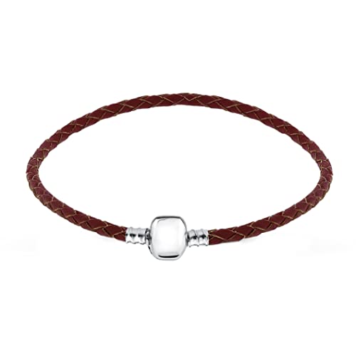 Andante-Stones Silber Leder Armband geflochten (Braun) mit Clipverschluss (18 cm) für European Beads + Organzasäckchen