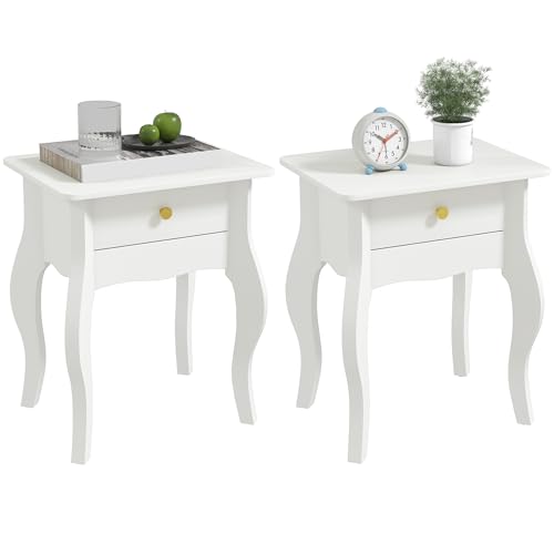 HOMCOM Lot de 2 Tables d'appoint, Bout de canapé avec Pieds courbés, tiroir et Plateau spacieux, Table Basse pour Salon, Chambre, 45 x 35 x 55 cm, Blanc