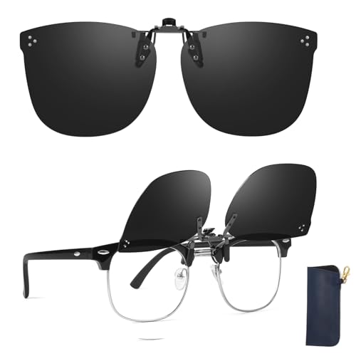 TJUTR Flip-Up Clip On Sunglasses Over Prescription Glasses Polarised Clip-On Sunglasses for Men Women UV400 Protection Anti-Glare Fit Over Sunglasses