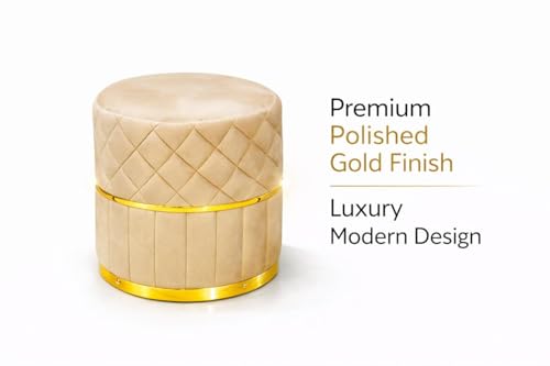 Image of Premium Velvet Puffy Ottoman Stool for Living Room, Bedroom and Dressing Area | Round Footrest with Diamond Quilting and Gold Base | Soft, Stylish and Durable Seating (Cream)