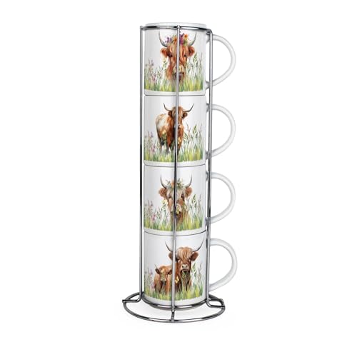 Purely Home Juego de 4 tazas apilables de vaca de las tierras altas, regalos de animales de granja, juego de regalo de cerámica con soporte de metal