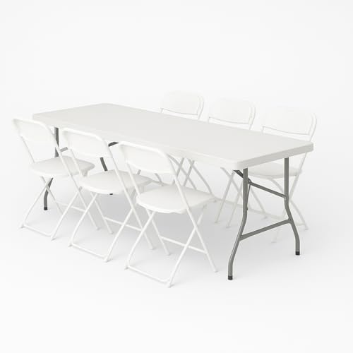 Genérico Pack Mesa Plegable Blanca 180 cm + 6 Sillas Plegables Blancas – HDPE y Acero Resistente – Sin Montaje – Ideal para Eventos, Jardín y Hostelería