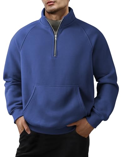 JMIERR Men's Fashion Sweatshirts Quarter Zip Pullover Fleece Polo Hoodies Long Sleeve Sweatshirt with Pockets, L, Blue