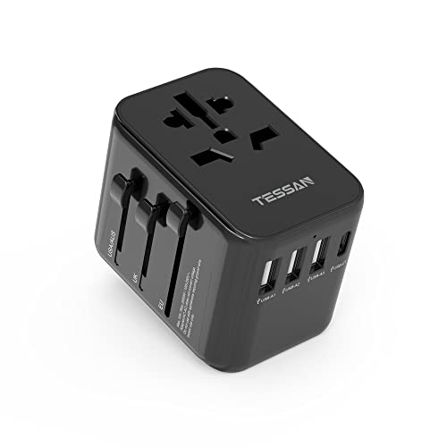 TESSAN Adaptador Enchufe Universal USB C Negro, Enchufe Universal con 3USB A y 1USB C, Adaptador Viaje, Cargador para Europeo a Mundial Americano Japon UK Italia Australia