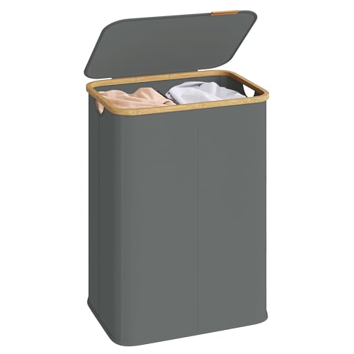 SONGMICS Laundry Basket with Lid 2-Compartment Laundry Hamper Oxford Fabric Foldable Bamboo Frame for Bedroom Living Room 37 Gal. (140 L) 52 x 38.5 x 70.5 cm Slate Grey LCB519GN01