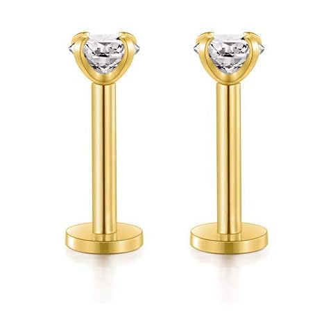 VCMART 2pcs 316L Surgical Steel Cz Labret Lip Bar Chin Lip Rings Piercing 16G 5/16" 8mm Pin(Gold) Cover
