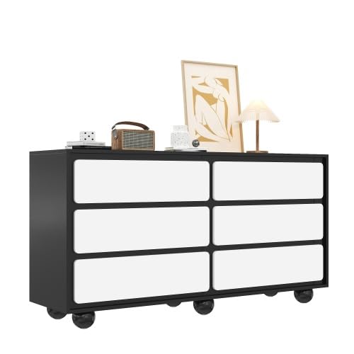 muenfly Commode à 6 tiroirs en blanc et noir – Buffet moderne, seulement 38 cm de profondeur, armoire de rangement pour chambre à coucher et salon