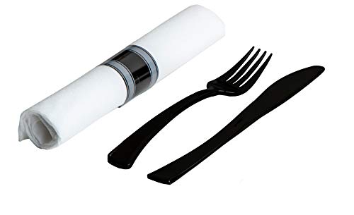 200 Elegant Pre Wrap Disposable Plastic Black Silverware Sets Fork Knife White Linen-Quality Paper Napkin Roll Cutlery Sets Great Pre Rolled Cutlery Black Flatware in Linen-Feel White Napkins