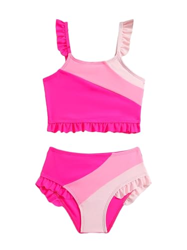 WDIRARA Girl's Color Block Ruffle Trim Bikini Set Swimsuit 2 Piece Bathing Suit