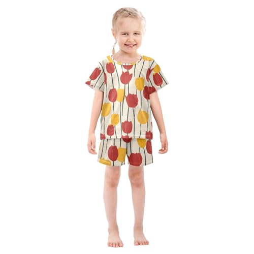 ALAZA Red Yellow Tulip Flower Art Pajamas Short Sleeve 2 Piece Sleepwear Top and Bottom Pajama Set Unisex3