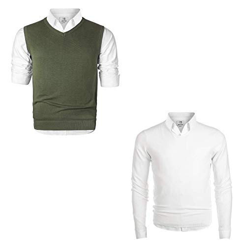 MOCOTONO Men's V-Neck Sweater Vest Green Large | Men's V-Neck Long Sleeve Pullover White Large (Bundle)