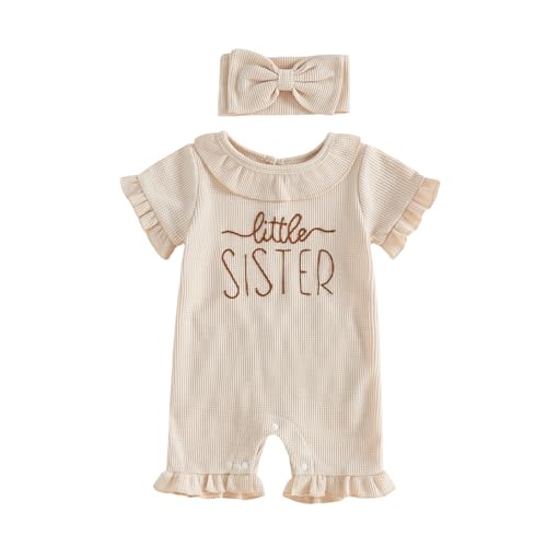 Polinkety Newborn Baby Girl Summer Outfit Romper Little Sister Lil Sis Embroidery Ruffle Jumpsuit Infant Waffle Knit Clothes (Little Sister Apricot, Newborn)