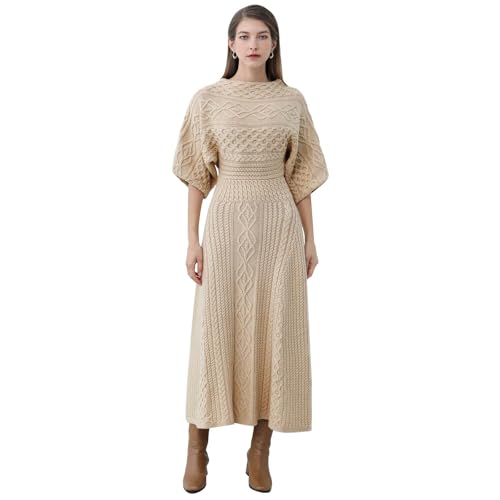CHICWISH Women Cable Knit Sweater Dress Boat Neck High Waisted Knit Dresses Elbow Sleeves Solid Fall Trendy Casual Long Dress2