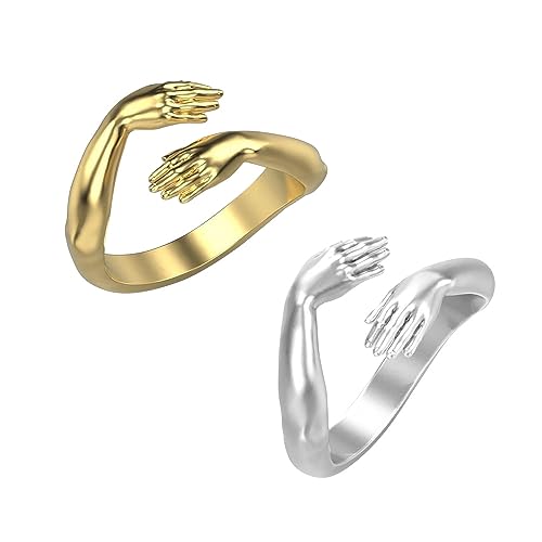 KBRPEY 2 Stück Umarmung Ring Damen Verstellbarer Umarmungsring Romantischer Love Hugging Hands Ring Silber Geben Sie Mir Eine Umarmung Hand Offene Ring