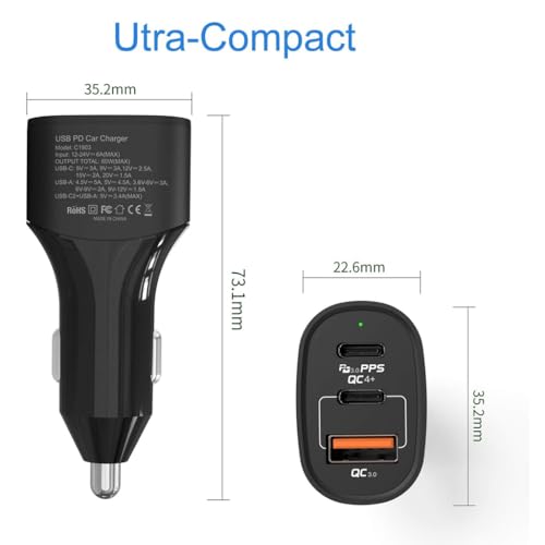 Image of C1903 Pd 60W Car Charger Dual Type-C Pd Fast Charging & USB A Output, Led Indicator, Compact & 4 Fold Protection,for iPhone 16 /15 /14, IPad Pro /Air, Samsung Galaxy S24 /S23 /Note 20, Pixel 8 /7