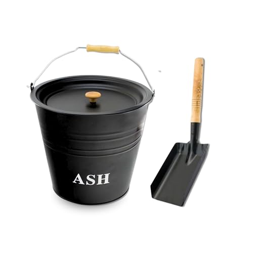 ADEPTNA Heavy Duty 12L Steel Ash Bucket with Lid Wooden Handle With Shovel - Fireplaces Fire Pits Wood Coal Burning Stove Metal Charcoal Bin Box Outdoor Indoor Galvanised Black