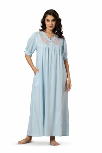 Image of NIHSAMAH Viscose Nighty for Women, Embroidered & Printed Stylish Night Gown, Long Sleeve Comfortable Sleepwear Long Nightwear, Maxi
