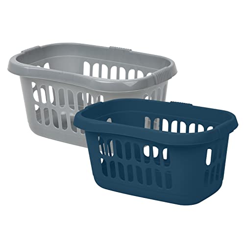 (Set of 2) 60L Litre Large Plastic Hipster Laundry Basket Storage Clothes Washing Basket Laundry Hamper Basket Organiser For Toys Bathroom Laundry Room Kids Nursery (Silver + Navy)