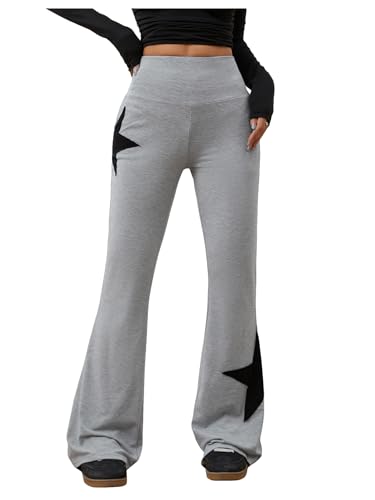 SOLY HUX Women's High Waisted Bootcut Flare Leggings Y2k Yoga Sweatpants Streetwear Grey Star Large