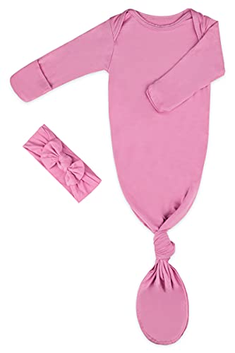 Image of Newborn Baby Knotted Gown, Super Soft Silky Infant Long Sleeve Sleeper for Baby Girl and Boy Sleeping Bag with Hat (Blossom Pink, 0-3 Months)