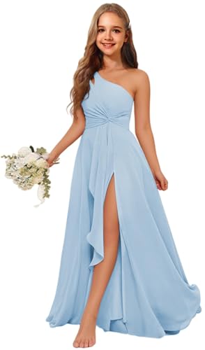Girls' One Shoulder Chiffon Junior Bridesmaid Dress with Ruffle A-Line Flower Girl Dresses for Weddings