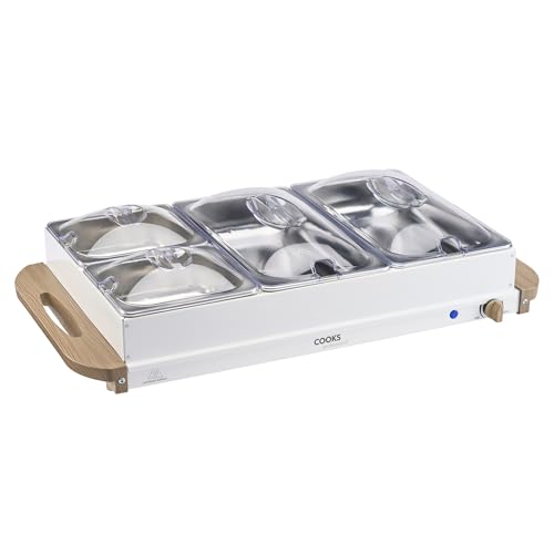 Cooks Professional 4-Section Buffet Warmer 7.2 Litre Capacity with Hotplate Function & Adjustable Temperature Control Dial | 300W Portable Electric Food Serving Tray | Nordic White