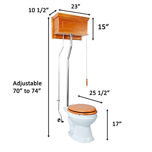 Renovators Supply Manufacturing High Tank Pull Chain Toilet With Light Oak Raised High Tank 70 In. To 74 In. Adjustable Height Chrome L Pipe And Round Toilet Bowl #TOP2