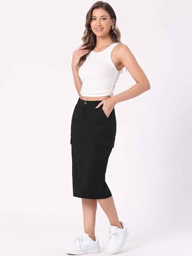 Image of Allegra K Corduroy Cargo Skirts for Women's High Waisted Elastic Back H Line 2025 Fall Midi Skirt