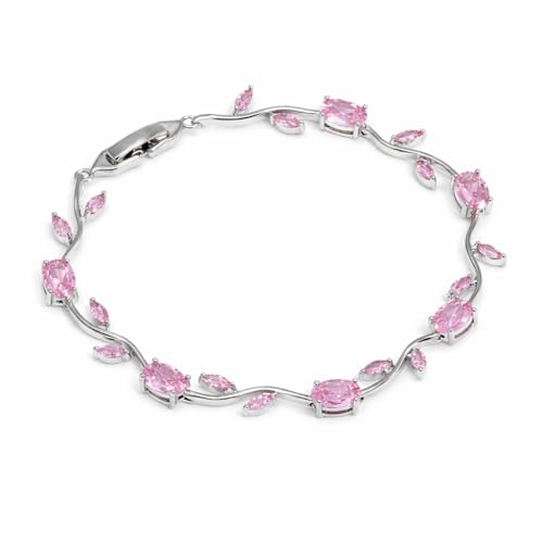 Image of Korean Anti Tarnish Trendy Tulip Bracelet for Women | Pink Stone Floral Design | Silver Tone Elegant Bracelet