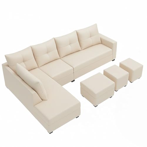 Image of SOCOZI Oriana 8 Seater LHS L Shape Sofa Set | Velvet Suede Fabric L Shape Sofa for Livingroom with 2 Ottoman & Centre Table | (Cream)
