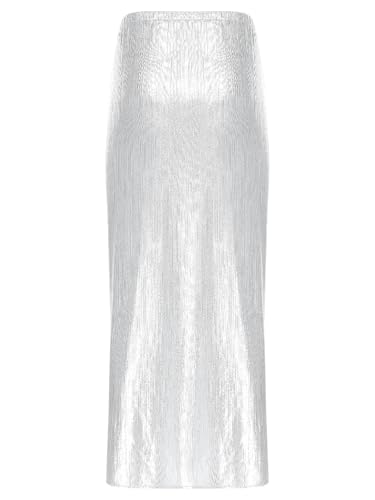 Elastic Waist Shimmering Maxi Skirt for Womens Sequined Embroidery Side Ruched Slit Poolside4