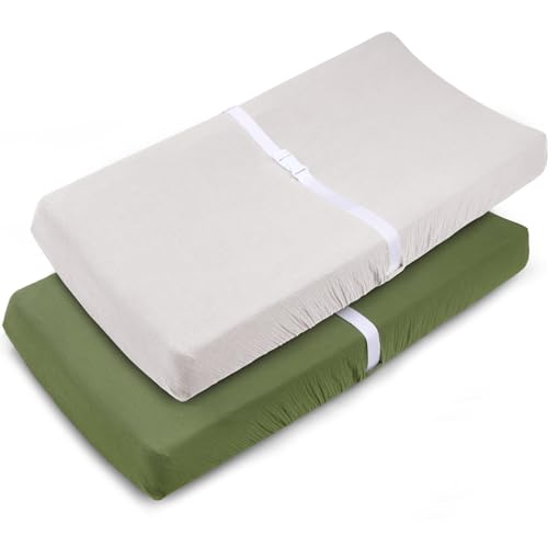 Image of PET REJOIR Muslin Changing Pad Cover for Baby Girls Boys-2 Pack 17"x 33" Cotton Soft Diaper Changing Pad Cover-Breathable Changing Pad Sheets-Neutral Boho Olive Green & Beige