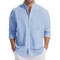Friptspyg Camisas de Lino y Algodón para Hombre, Camisa de Lino de Manga Larga, Camisa de Verano, Cuello Alto, Camisas Informales, Camisas de Playa con Bolsillo, Azul Cielo S