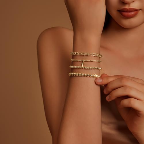 IMBOS Gold Bracelets for Women 14K Gold Plated Cross Bracelet Strand Bead Ball Bracelets stack Set Chunky Chain Bracelet Trendy Adjustable Jewelry Sets for Womens Gifts2