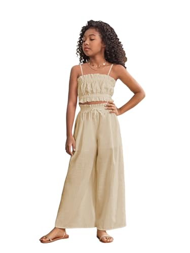 Image of Floerns Girl's 2 Piece Set Ruffle Trim Cami Tops with Paperbag Waist Wide Leg Pants