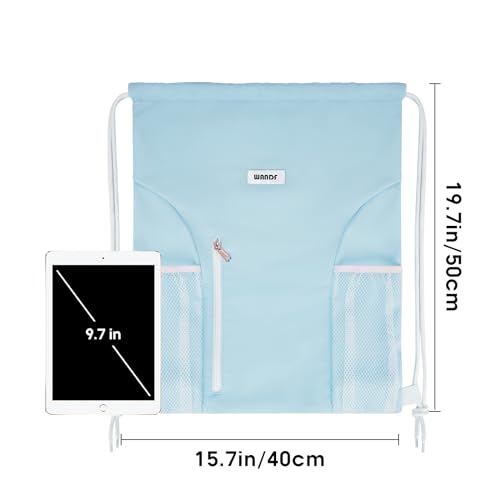 Image of WANDF Drawstring Backpack Sports Gym Sackpack with Mesh Pockets Water Resistant String Bag for Women Men(Light Blue)